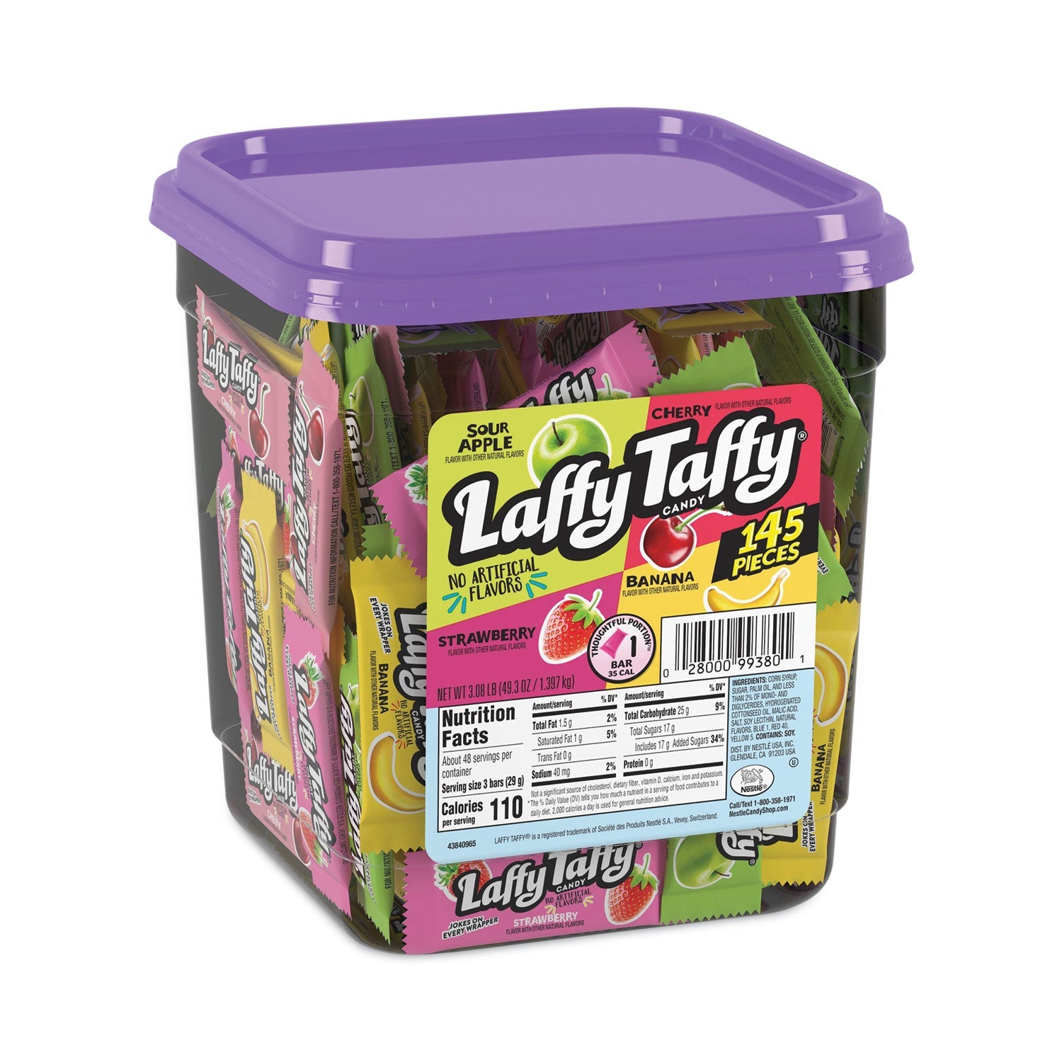 Laffy Taffy, Assorted Flavors, 3.08 lb Tub, 145 Wrapped Pieces/Tub