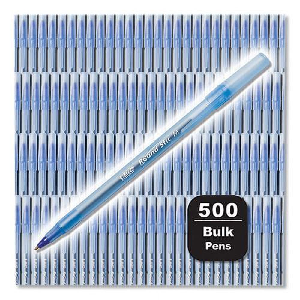 BIC® Round Stic Xtra Life Ballpoint Pen, Stick, Medium 1 mm, Blue Ink, Translucent Blue Barrel, 500/Pack