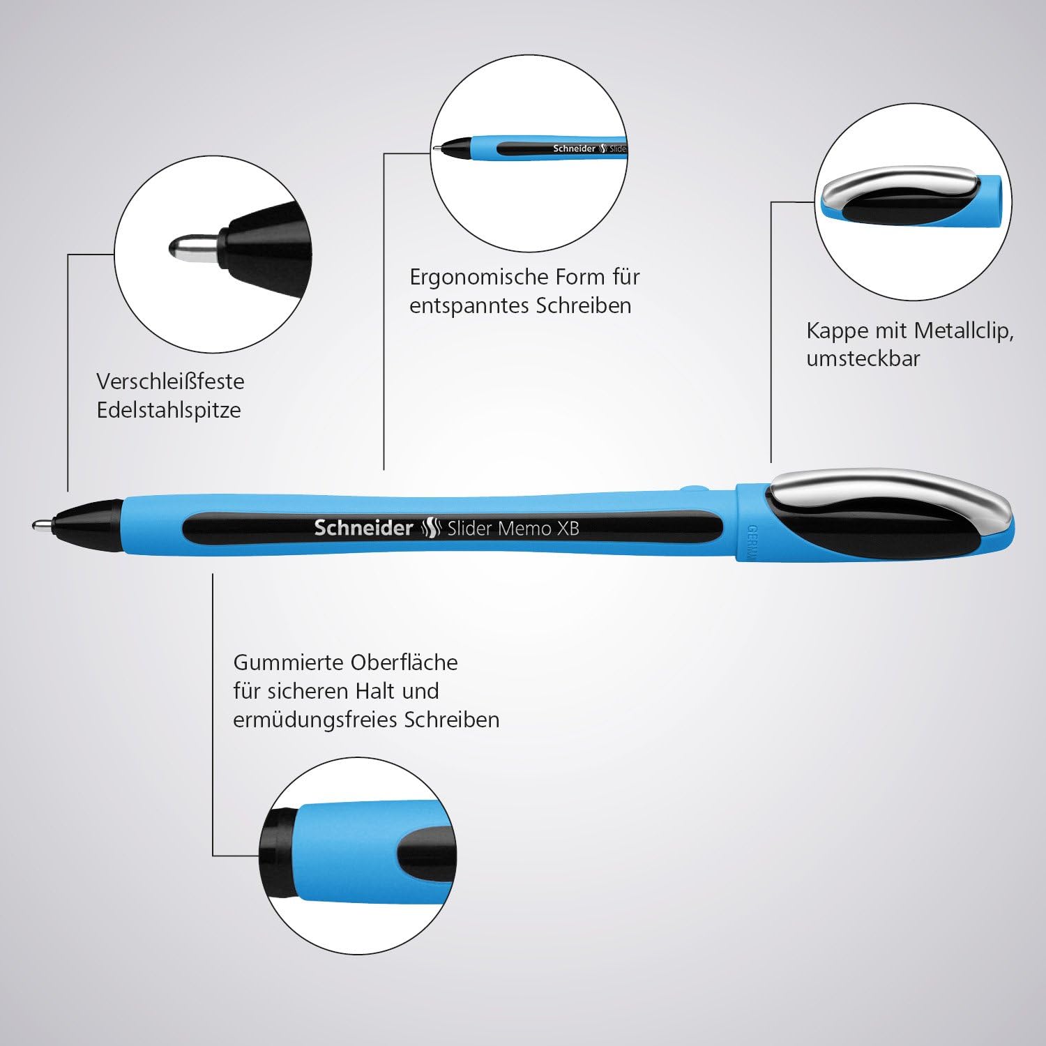 Schneider® Slider Memo XB Ballpoint Pen, Stick, Extra-Bold 1.4 mm, Black Ink, Black/Light Blue Barrel, 10/Box